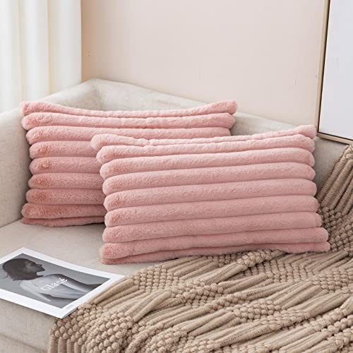 ZLINA Set of 2 Baby Pink Faux Fur Decorative Throw Pillow Covers Fluffy Striped Pillowcase Cushion Covers 12 x 20 Inch Decor Sofa Couch Bedroom - color: Baby Pink, size: 20" x 12" (Pack of 2)