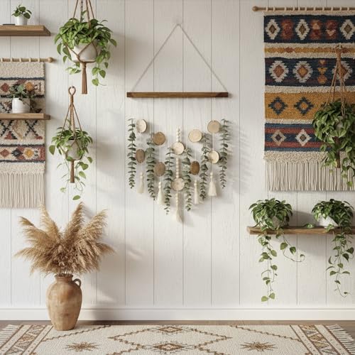 Boho Wall Decor Artificial Eucalyptus Wall Hanging Decor Fake Eucalyptus Plants hunging on Carbonized Wooden Stick for Bathroom Bedroom Nursery Living Kitchen Dining Room - color: Advanced Carbonized Wood-forest Series