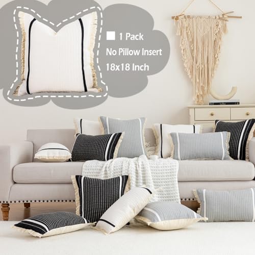 CARRIE HOME Cream White Boho Striped Throw Pillow Cover 18x18 with Tassels 1 Pack, Neutral Couch Pillows for Bed Couch, White Cotton Woven Bohemian Accent Pillow Covers 18 x 18 (No Pillow Inserts) - color: White (With Tassels), size: 18" x 18" (Pack of 1)