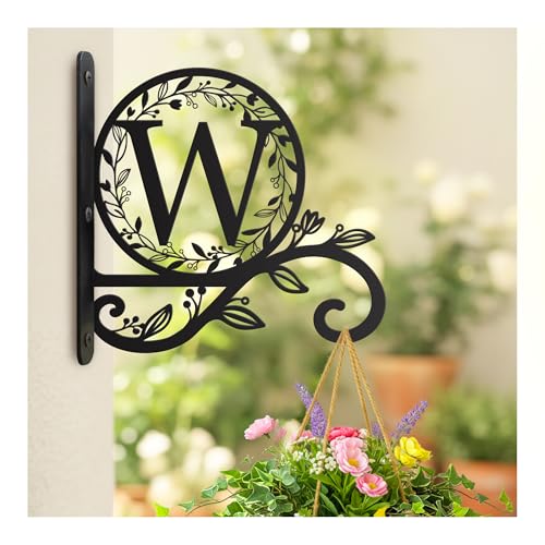 Personalized Metal Initial Letter W Plant Hanger Bracket, Decorative Wall Mount Hanging Plant Hook, Monogram Floral Leaf Garden Decor for Hanging Baskets, Bird Feeders, Lanterns, Wind Chimes - style: W