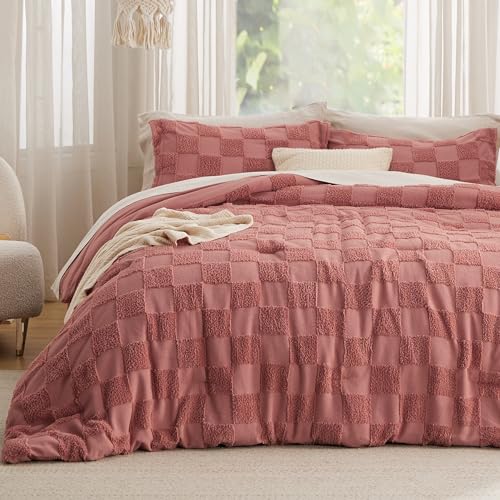 Bedsure Queen Size Comforter Set Grayish Pink, Boho Tufted Bed Set, Checkered Farmhouse-Style Distressed Vintage Bedding, 3 Pieces, 1 Plaid Geometric Comforter and 2 Pillow Shams - color: 05 - Grayish Pink - Tufted Checkboard, size: Queen