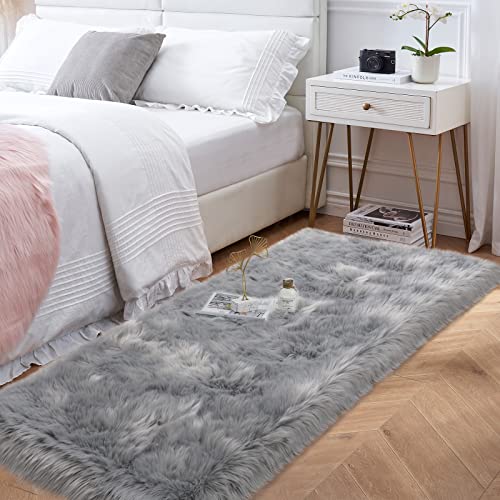 Grey Fluffy Rug for Bedroom, 2'X6' Faux Fur Rug for Runner, Gray Soft Shag Rug for Sofa Couch Cushion, Cozy Shaggy Fuzzy Plush Floor Carpet for Nursery, Cute Bedside Dorm Home Decor Rectangle - color: Grey, size: 6' x 2' (Rectangular)