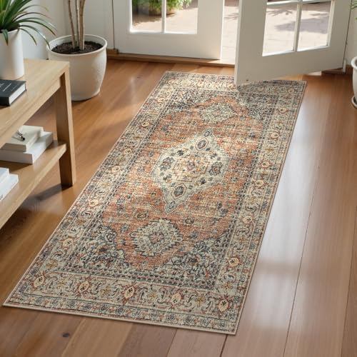 Lahome Oriental Small Area Rug, 2x4 Soft Washable Rugs for Entryway Kitchen, Non-Slip Ultra-Thin Fall Indoor Door Mat Vintage Small Carpet for Bathroom Bedroom Eleanor, Peach/Orange - color: Terracotta, size: 2' x 4' (Rectangular)