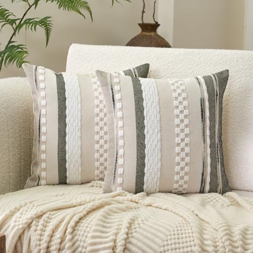 Aeckself Boho Throw Pillow Covers 18x18 Inch Set of 2, Farmhouse Decorative Striped Square Pillow Covers Chenille Tufted Pillow Cases Accent Neutral Pillowcase for Living Room Couch Bed, Gray - color: Gray