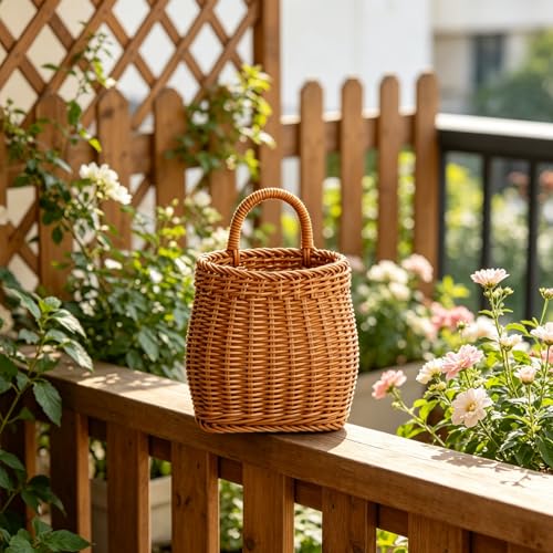 Imitation Rattan Woven Basket Wall Hanging Storage Organizer with Handle for Kitchen Herbs Fruits Vegetables and Home Decor 9.6X6.1X4.3 Inch