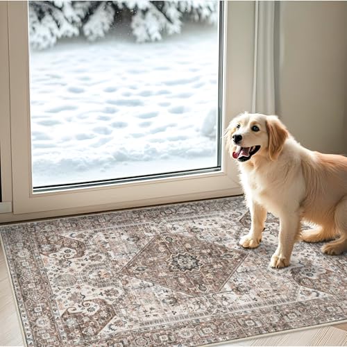 Washable 2x3 Entryway Area Rug: Vintage Non-Slip Backing Rugs for Kitchen Bathroom Water Resistant Carpet for Bedroom Soft Low Pile Front Door Mat for Dining Room 2x3 Brown - color: Brown, size: 2' x 3' (Rectangular)