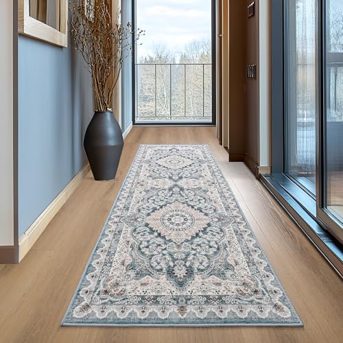 Foxmas Hallway Runner Rug, 2x6 Vintage Kitchen Runner Area Rugs Non Skid Washable, Low Pile Throw Rugs with Rubber Backing Carpet for Laundry Room Entryway Bedroom Home Decor, Blue - color: Blue, size: 2' X 6' (Runner)