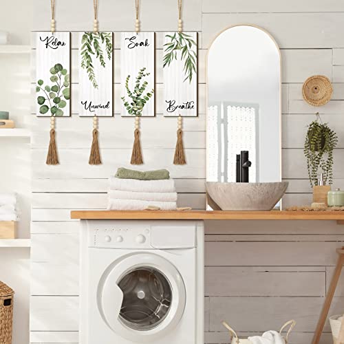 Qunclay 4 Pieces Boho Wall Decor for Bathroom 12 x 5 Inch Relax Soak Unwind Breathe Bathroom Sign with Beads Leaf Print Minimalist Botanical Wall Art Farmhouse Wooden Hanging Art(Green,Plant) - color: Green