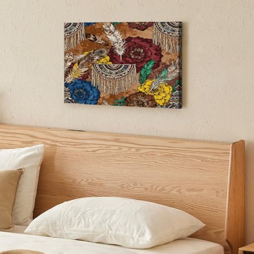 Boho Feather Fringe Art Wall Art Decor Framed 16x12 Inch, Wall Decor Poster for Bedroom Living Room Office Decor (Wooden Inner Frame) - size: 16"L x 12"W