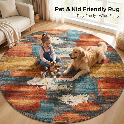 6ft Round Area Rug for Living Room,Modern Abstract Burnt Orange Rug,Terracotta and Teal Brushstroke Rug,Non-Slip Washable,Bedroom, Dining Room, Home Office,Nursery - color: Burn Orange, size: 6ft