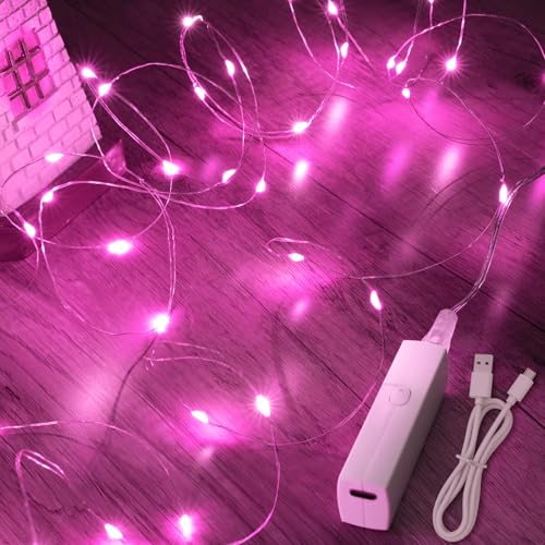 Lakumu 16FT(5M) Pink Copper Wire Fairy Lights, Rechargeable Battery Operated String Lights with Timer, 8 Modes Waterproof Mini LED Twinkle Lights for Bedroom Christmas Wedding Centerpiece Table Decor - color: Pink, size: 16FT