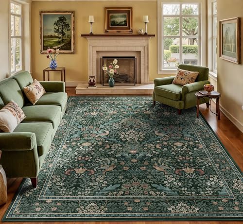 8x10 Floral Washable Area Rug for Living Room, Vintage Boho Large Rugs for Bedroom Dining Room, Botanical Birds Non Slip Low Pile Forest Throw Carpet for Farmhouse Office, Retro Green/Blue - color: Dark Green (Larger Pattern), size: 8' x 10' (Rectangular)