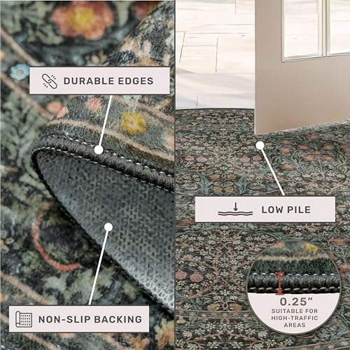 Vintage 3ft Round Washable Entryway Rug, Soft Small Round Area Rugs for Indoor Door Mat, Bedroom, Kitchen, Bathroom, Living Room, Ultra-Thin Non-Slip Dark Green Floral Front Door Circle Rug Décor - color: Dark Green / Black, size: 3' (Round)