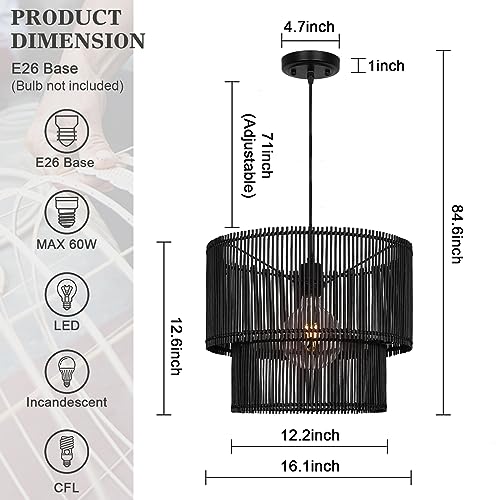 Woven Rattan Pendant Lamp, 16 Inch Large Natural Simple Hand Weaved Coastal Beach Black Rope Hanging Pendant Light Fixture for Dining Room Living Room Bedroom Kitchen Foyer - size: 6528L