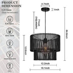 Woven Rattan Pendant Lamp, 16 Inch Large Natural Simple Hand Weaved Coastal Beach Black Rope Hanging Pendant Light Fixture for Dining Room Living Room Bedroom Kitchen Foyer - size: 6528L