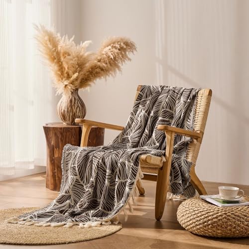 DOWN HOME Chenille Cotton Throw Blanket for Couch, Lightweight Boho Blanket for Bed Sofa Chair Living Room Outdoor Soft Woven Decorative Blanket with Tassel Gift Brown Leaves 60"x80" - color: Brown, size: 60"x80"