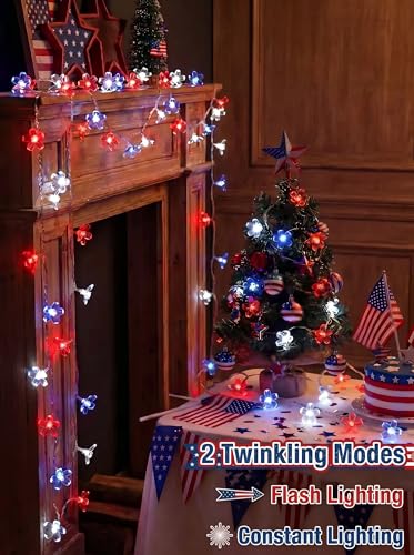 July 4th Independence Day Battery Operated Indoor String Lights 30LED Red Blue White Cherry Blossom Flower Fairy Lights Waterproof Outdoor for Memorial Day Celebration Decoration - color: Red Blue White