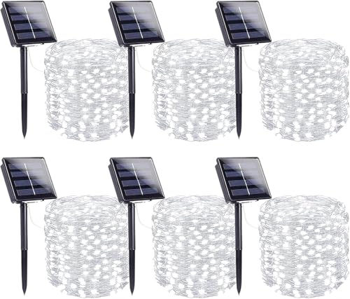 6 Pack Solar String Lights Outdoor, Extra-Long 600LED Solar Fairy Lights Outdoor Waterproof, Solar Twinkle Lights Silver Wire 8 Modes Solar Outside Lights for Xmas Tree Party Wedding (Cool White) - color: Cool White, size: 6 Pack-600LED