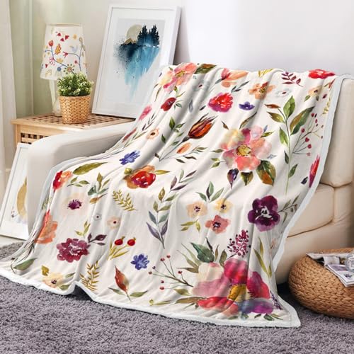 Boho Floral Blankets Pink Floral Throw Blanket, Soft, Flannel, Warm, Colorful Watercolor Flowers Throw Blanket, Botanical Flowers Bed Throws for Couch Bedroom Living Room 50X60 Inch - color: Pink, size: 50 X 60
