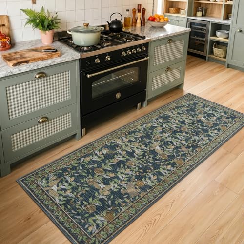 jinchan Eden Floral Washable Runner Rug 2x6 Vintage Hallway Rug Non-Slip Lightweight Soft Thin Kitchen Low Pile Distressed Blue Green Carpet for Bathroom Laundry Room Bedroom Entryway - color: Eden Dark Blue, size: 2' x 6' (Runner)