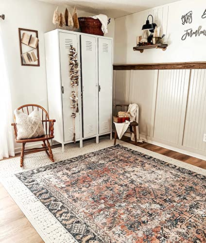 Hauteloom Wentworth Collection Urmia - Machine Washable Oriental Living Room Kitchen Bedroom Dining Room Area Rug - Abstract Vintage Distressed Boho Style - Pink, Blue, Burgundy - 7'10"x10'3" - color: Peach, Burgundy, Yellow / Holli, size: 7'10" x 10'3" (