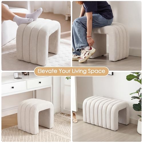 ONEVOG 2-Piece Off-White Chenille Pouf Ottoman Set, 18 Inch Modern Upholstered Small Footrest with Sturdy Wood Frame, Cute Vanity Makeup Seat Footstool for Couch, Living Room, Bedroom, or Dorm Decor - color: Off White