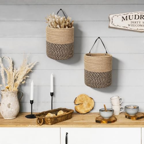 MEGASKET 2 Pack Wall Basket, Small Hanging Baskets for Organizing, Wicker Boho Wall Decor Set, Indoor Hanging Plant Holder Jute Rope Storage Basket, Rattan Woven Organizer for Decor, Black and Jute - color: Black and Jute