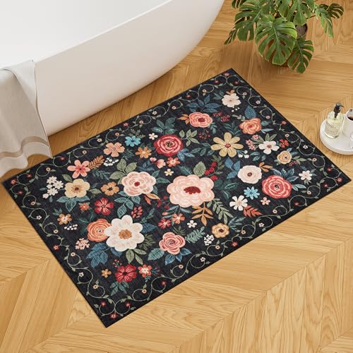 DUKINO 2x3 Rugs for Entryway, Floral Indoor Washable Door Mat, Non Slip Boho Small Rug for Kitchen, Soft Low Pile, Front Door Throw Rug for Entrance, Bedroom, Kitchen, Laundry, Bathroom, Black - color: Black, size: 2' x 3' (Rectangular)