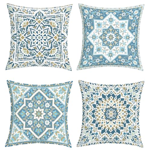 Boho Oriental Blue Mandala Floral Throw Pillow Covers 18x18 Inch Set of 4 Vintage Geometric Moroccan Flower Cushion Covers Home Decor for Couch Cushion Cases - color: Blue