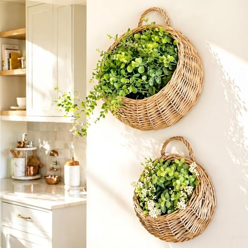 Chumia 2 Pack Wicker Hanging Basket 14" and 8" Handmade Woven Wall Hanging Basket for Plant Decorative Boho Mounted Rattan Planter Organizer for Garden Farmhouse Decor Home Front Door Flower Storage