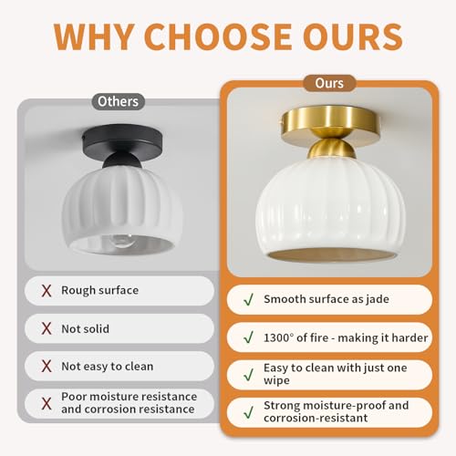Glaze Ceramic Semi Flush Mount Ceiling Light - 2 Pack, Vintage Gold Hallway Light Fixtures, Milk White Globe Ceiling Lights, Mid Century Small Light Fixture for Cottage Entryway Laundry Room Foyer - color: Glaze Ceramic-Gold