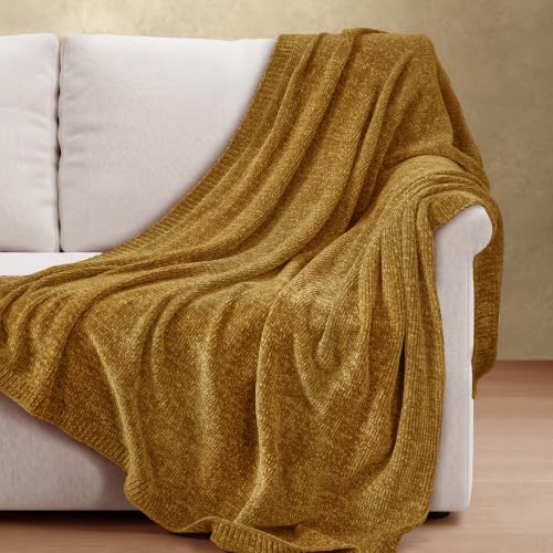 Chenille Throw Blanket for Couch, Cozy Soft Blanket Twin Lightweight Decorative Throw for Living Room Sofa Chair, Stylish Home Decor, Ideal for Gifting, Yellow 60"x80" - color: Yellow, size: Twin