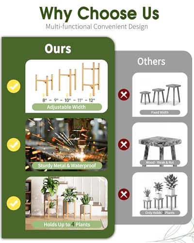 3 Pack Plant Stand Indoor Adjustable, Metal Modern Indoor Plant Stand, Heavy Duty Single Plant Stands Outdoor Corner, Stable Plant Holder Indoor Stand, Fits 8 to 12 Inches Pots, Natural Wood-Grain - color: Natural Wood-Grain, size: 3 Pack