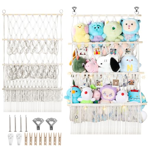 3 Tier Stuffed Animal Storage Shelf Net, 24x39 Inch Large Plushie Net w/LED Light & Clips for Mini Medium Stuffy Teddy, Beige Boho Macrame Wall Toy Holder Display for Nursery Kids Girls Boys - color: Beige, size: Large-3 Tier-24x39 Inch