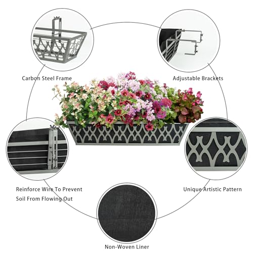 2 Pack 30 Inch Window Boxes Planters Railing Planter Box with Adjustable Brackets & Non-Woven Fabric Plant Grow Bags Deck Railing Planter Boxes Balcony Hanging Flower Box for Outdoor Plants - color: 2 Pack-grey, size: 30 Inch