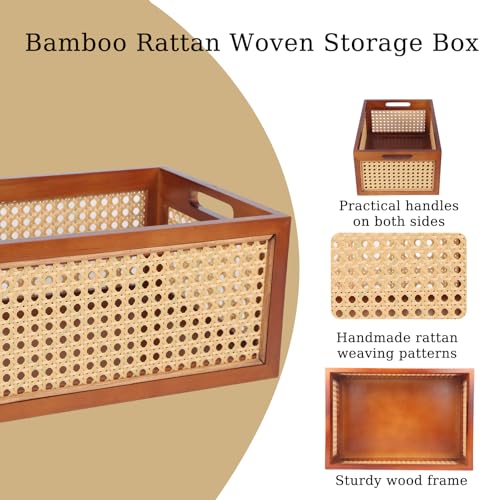 Wooden Storage Basket with Rattan Cane Webbing, Brown, Handles, Book, Office, Desktop Basket - size: Large