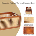Wooden Storage Basket with Rattan Cane Webbing, Brown, Handles, Book, Office, Desktop Basket - size: Large