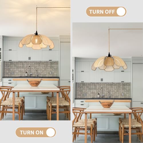 20 Inch Boho Flower Chandeliers for Dining Room Farmhouse Rattan Pendant Lights Girl Chandelier Hand Woven Bedroom Light Fixture Dimmable Plug in Hanging Lamp for Kitchen Island - size: 20 Inch Plug In