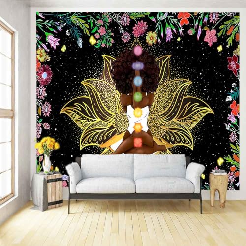 Ine Ive African Chakra Tapestry African American Woman Zen Meditation Tapestries100x90 Inch Starry Sky Flower Garden Inspirational Afro Yoga Wall Art for Bedroom Dorm Decor - size: 100"L x 90"W