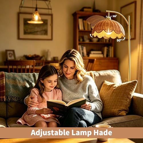 Arc Floor Lamp for Living Room, Gold Boho Floor Lamp with Hand-Woven Rattan Flower Shade, Farmhouse Standing Lamp with Remote & 3 Color Temp Bulbs, Height Adjustable Tall Lamp for Bedroom Corner - color: Gold