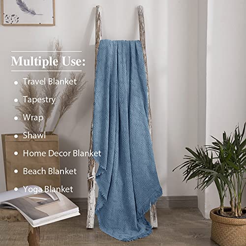Simple&Opulence 100% Cotton Throw Blanket for Bed, Couch, Boho Luxury Geometric Knit Woven Blanket with Tassels Soft Lightweight Cozy Breathable, Vintage Farmhouse Decoration for All-Season(Blue) - color: Classic Blue