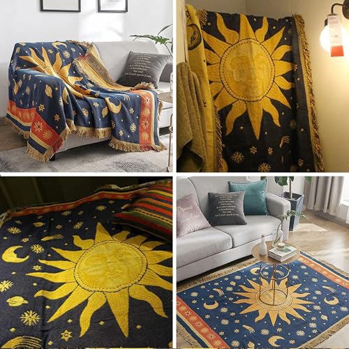 Hippie Throw Blanket Sun Moon Stars Boho Throw Blankets Celestial Tapestry Double-Sided Reversible Woven Cotton Home Decor Bedding Chair Couch Recliner Cover Oversized Tassels Astrology 70"x90" - color: Sun God, size: 70x90inch