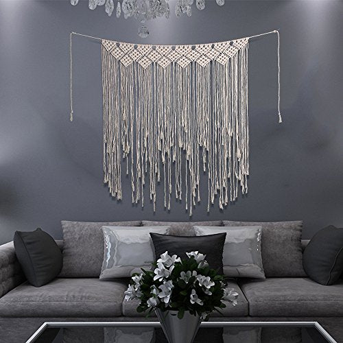 Macrame Wall Hanging Tapestry Beige Long Fringe Tassel Garland Banner Shabby Chic Bohemian Woven Tapestry Wall Decor for Dorm Living Room Bedroom Baby Nursery Art Party Wedding Backdrop Decoration