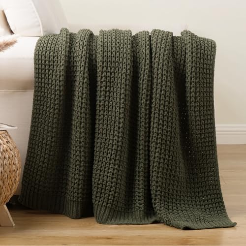 Bunnikins & Clover Olive Green Throw Blanket for Couch, Waffle Knit Blanket Throw, Super Soft Warm Dark Green Throw Blanket for Home Decor,Sofa and Living Room, 50"x60" - color: Olive Green, size: 50"x60"