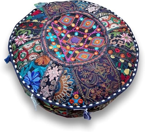 Indian Pouf Footstool Ethnic Embroidered Pouf Cover, India Cotton Round Pouffe Ottoman Pouf Cover Pillow Ethnic Decor Art-Cover Only-Indian Ottoman poufs - color: Dark Blue, size: 18"D x 18"W x 14"H