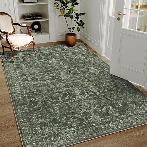 3x5 Washable Area Rugs for Living Room, Vintage Boho Large Rug for Bedroom Dining Room Office, Distressed Floral Print Carpet for Under Table, Soft Non Slip Low Pile Throw Carpet Indoor Mat, Green - color: Dark Green, size: 3' x 5' (Rectangular)