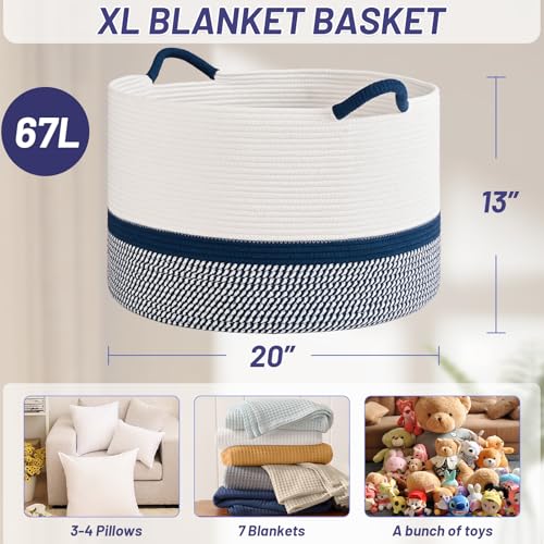67L Large Blanket Basket, 20"x13" Blanket Basket Living Room, Woven Baskets With Handle, Toy Baskets for Blankets, Nursery, Dog, Pillow, Gift (White & Navy Blue) - color: White & Navy Blue, size: 67L
