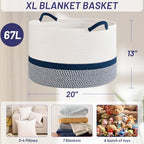 67L Large Blanket Basket, 20"x13" Blanket Basket Living Room, Woven Baskets With Handle, Toy Baskets for Blankets, Nursery, Dog, Pillow, Gift (White & Navy Blue) - color: White & Navy Blue, size: 67L