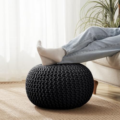Pouf Ottoman Foot Rest Stuffed – 20” Diameter x 14” Tall Cozy Floor Pouf for Living Room, Bedroom, Nursery & More – 100% Cotton Knit Shell, EPS Bead Filled Footrest & Accent Chair, Black - color: Black