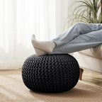 Pouf Ottoman Foot Rest Stuffed – 20” Diameter x 14” Tall Cozy Floor Pouf for Living Room, Bedroom, Nursery & More – 100% Cotton Knit Shell, EPS Bead Filled Footrest & Accent Chair, Black - color: Black